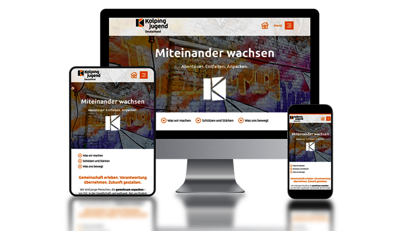 Screenshots von Handy, Tablett und Notebook mit der Startseite der Kolpingjugend